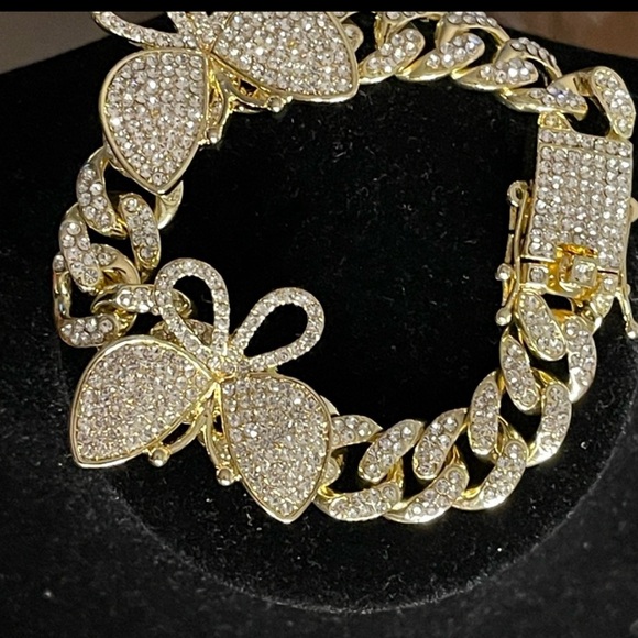 FASHION JEWELRY STAINLESS STEEL BUTTERFLY BRACELET RHINESTONE GOLD CUBAN CHAIN - Picture 10 of 14